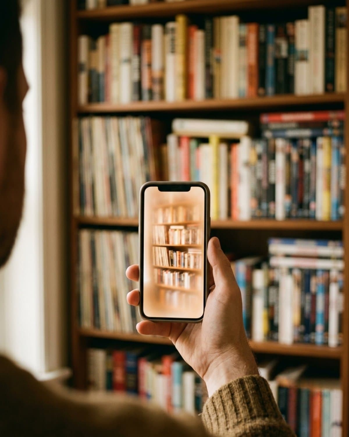 Photographing a shelf of books and media with a phone to scan it into StashPrint